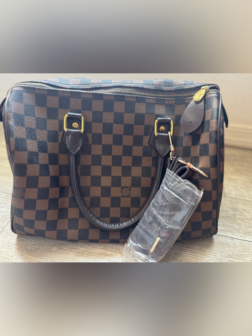 Brown Checkered tote Bag with Shoulder Strap